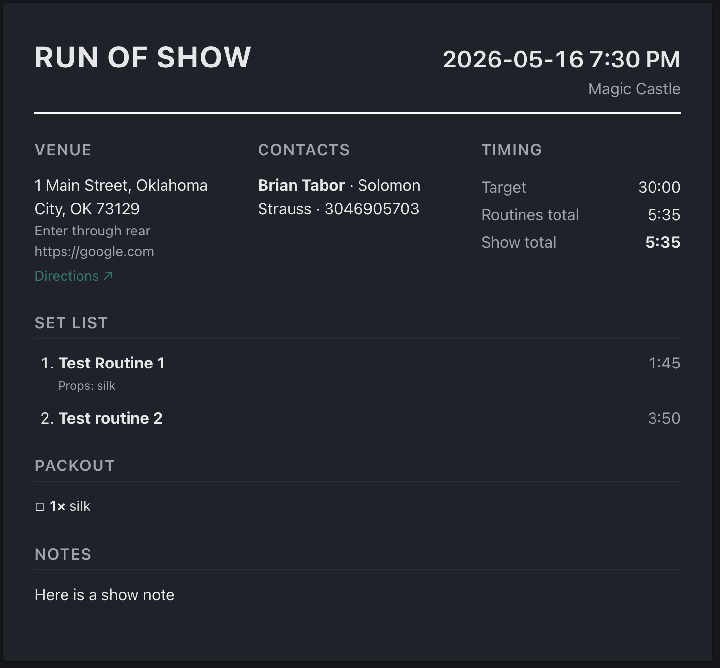 TrouperList run-of-show sheet with set list and prop checklist